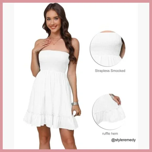 100% Cotton Strapless Mini Dress Smocked A-Line Beach Cover Up - Picture 6 of 7